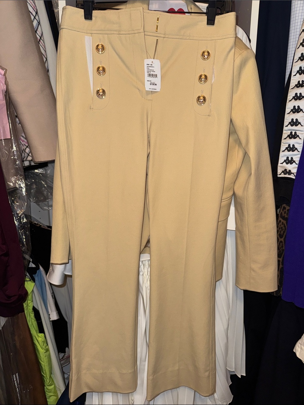 10 Crosby Derek Lam Cream Wide-Leg High-Rise Pants with Gold Buttons
